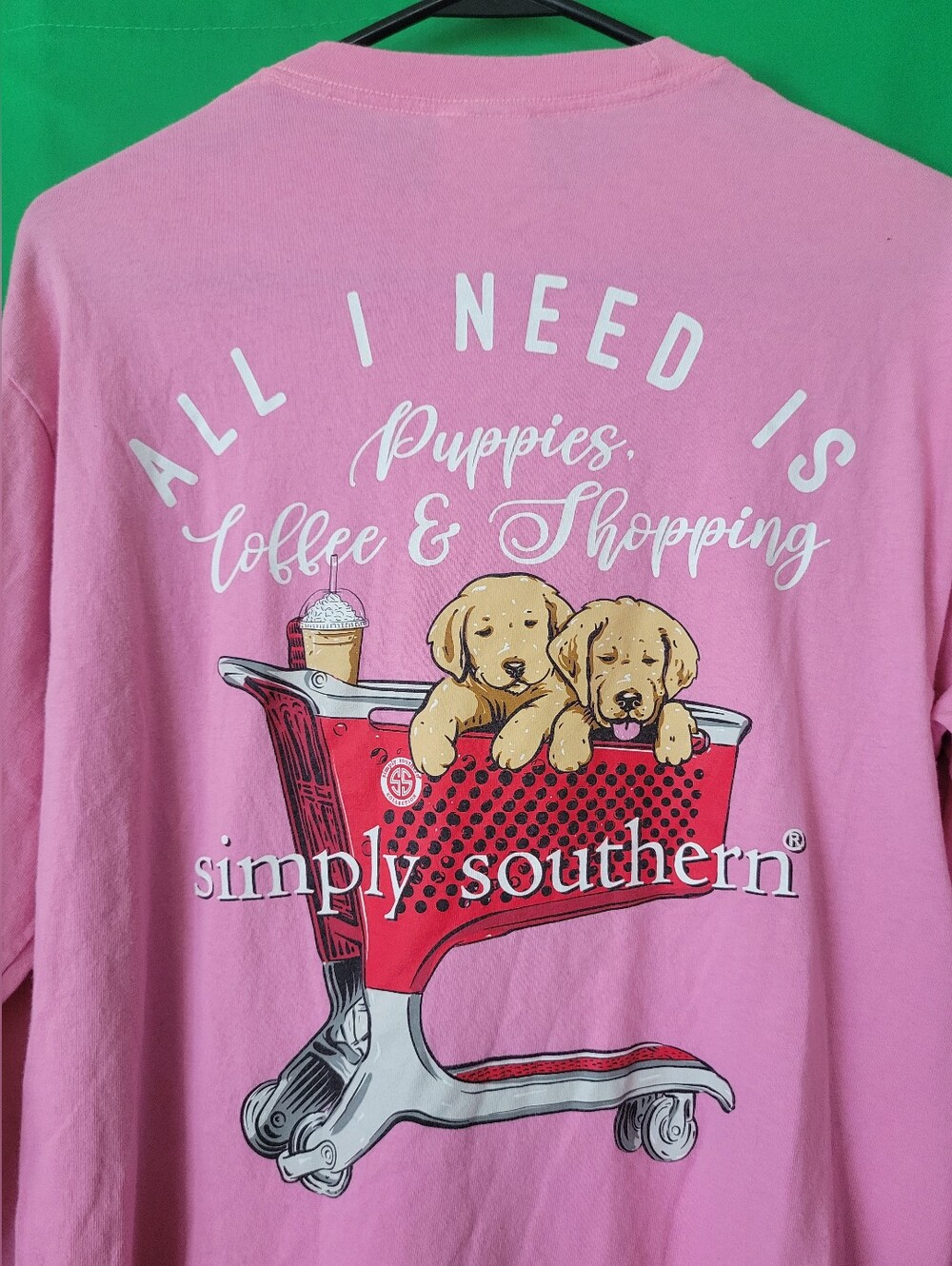 Simply Southern Pink Shirt Chest Logo Sz Med Women Tee Coffee Shopping Puppies